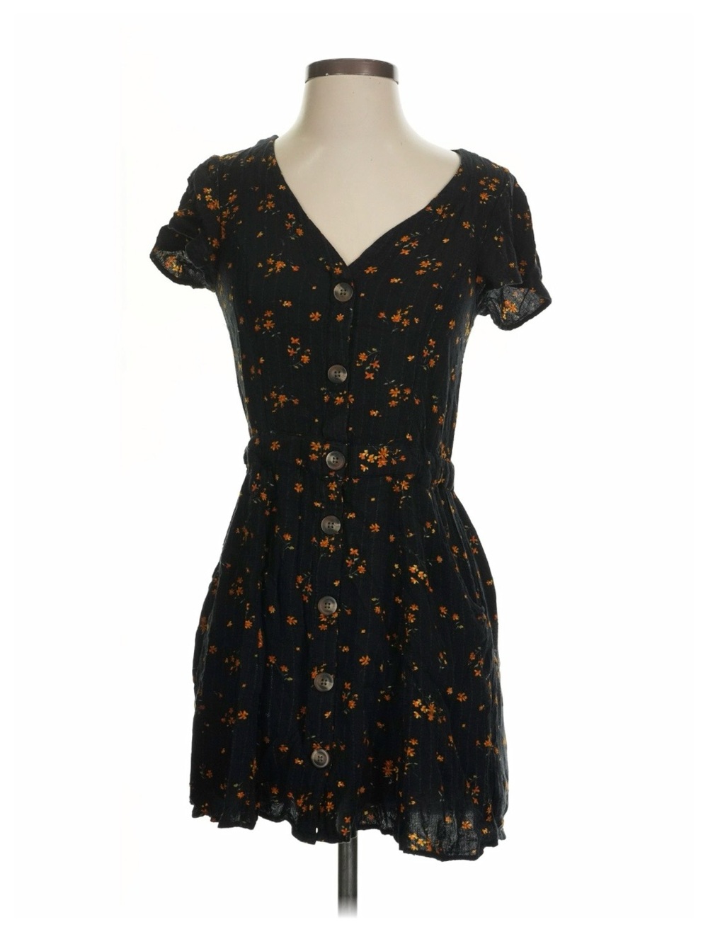 American Eagle Outfitters Black Button Mini Dress with Small Orange Floral Print